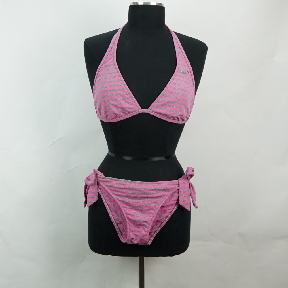 Roxy Quicksilver Hot Pink and Gray Stripe Bikini L